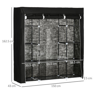 HOMCOM Portable Wardrobe, Foldable Fabric Wardrobe, 150 x 43 x 162.5cm, Clothes Storage Organiser with Hanging Rail, Shelves, Fabric Cover for Bedroom, Black 