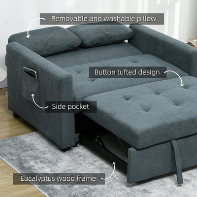 HOMCOM Loveseat Sofa Bed, Convertible Bed Settee with 2 Cushions, Side Pockets for Living Room, Charcoal Grey 