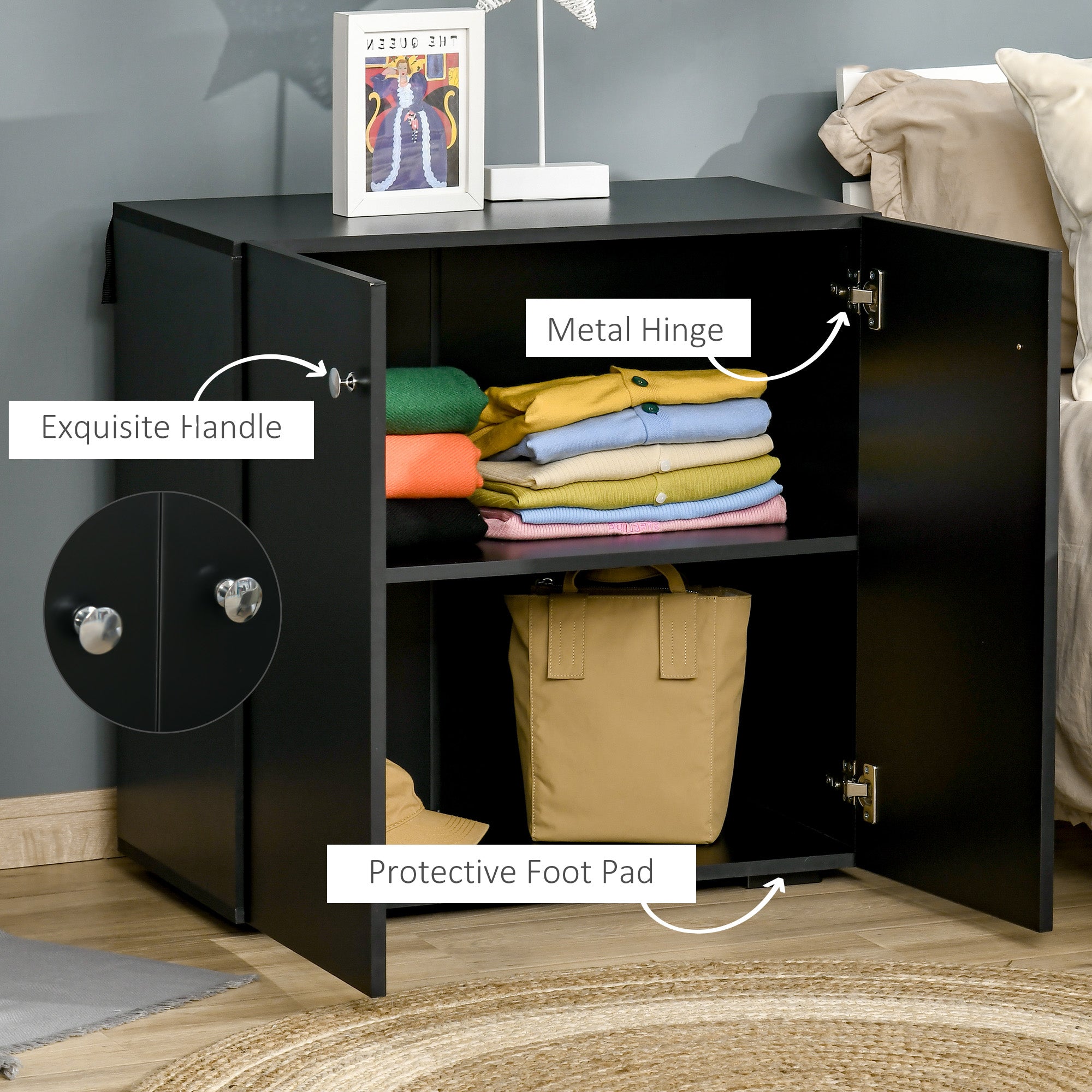 HOMCOM Storage Cabinet w/ Two Shelves Wooden Sideboard Freestanding Kitchen Cupboard Bookcase - Black 