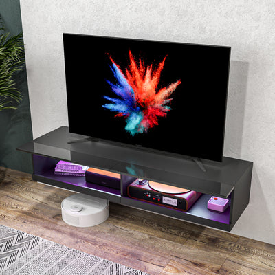 HOMCOM Floating TV Unit, Wall Mounted TV Cabinet for TVs up to 65", High Gloss Media Wall Unit with LED Lights, Storage Shelves for Living Entertainment Room, Black 