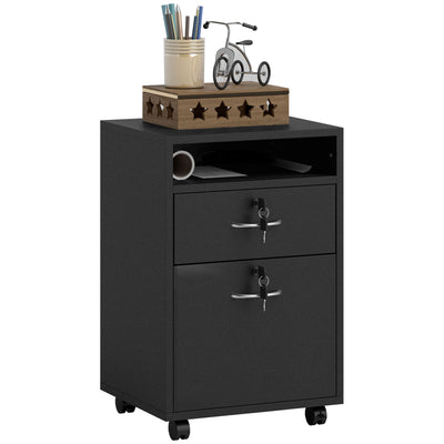 HOMCOM 60cm Filing Cabinet with Drawer, Open Shelf, Metal Handles and 4 Wheels, Office Home Organiser Mobile Printer with Two Locks, Black 