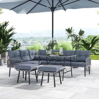Outsunny 6 Piece Rattan Garden Furniture Set, 8 Seater Garden Corner Sofa with Cushions and Glass Top Table, Sectional Outdoor Furniture Conservatory Set for Patio, Charcoal Grey 