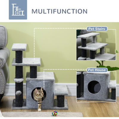 PawHut Adjustable Cat Steps, with House & Hanging Toy Ball - Grey 
