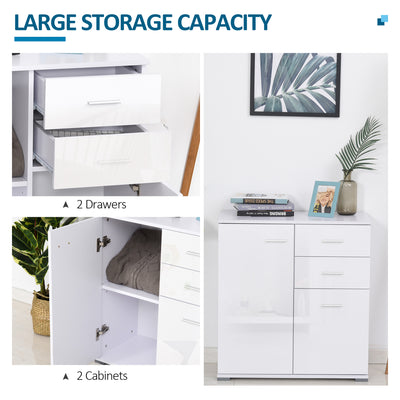 HOMCOM Modern High Gloss Sideboard Storage Cabinet Table Chest of Drawers for Bedroom Living Room Storage Furniture, White 