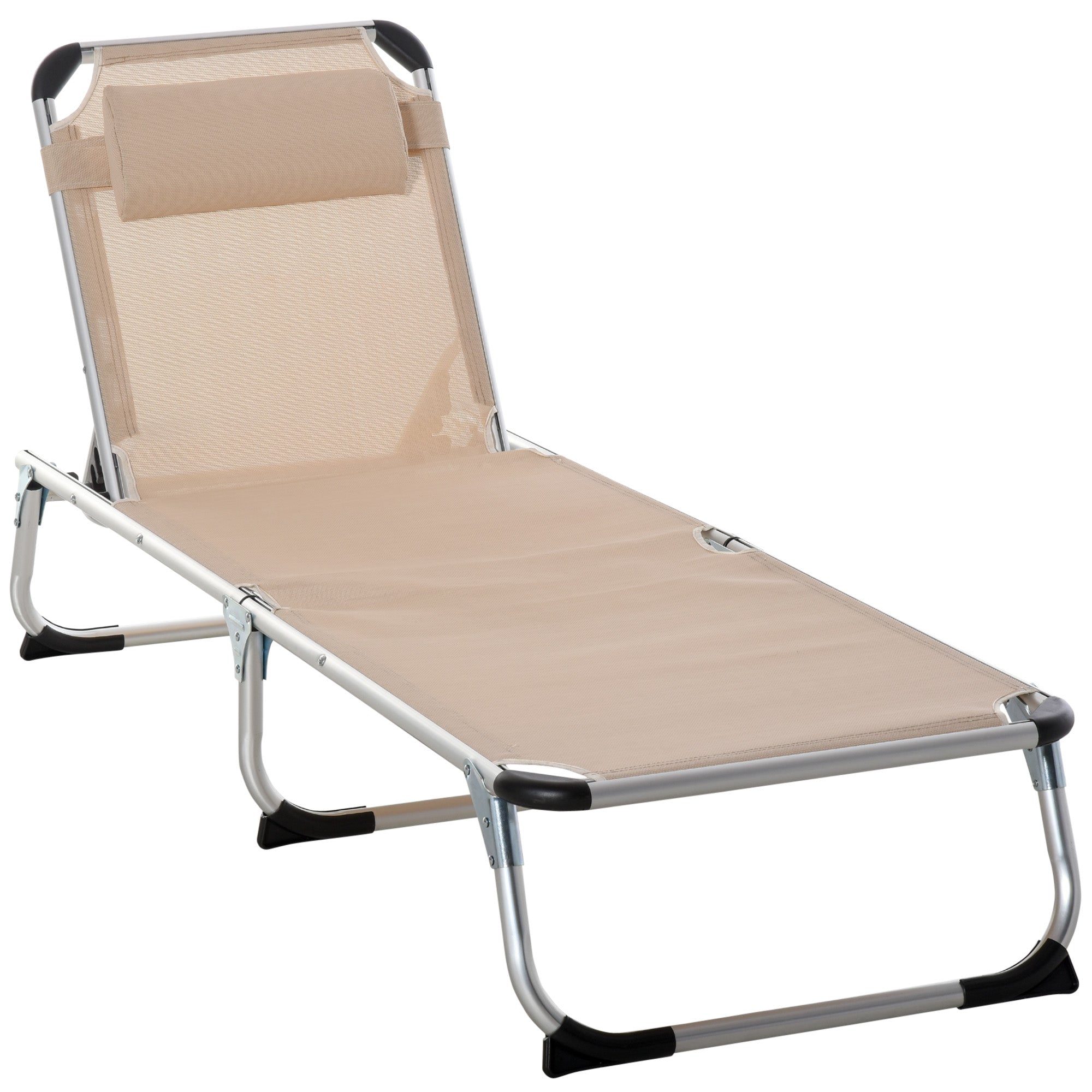 Outsunny Foldable Outdoor Sun Lounger, Reclining Lounge Chair Camping Bed Cot with Pillow 4-Level Adjustable Back Aluminium Frame, Khaki 