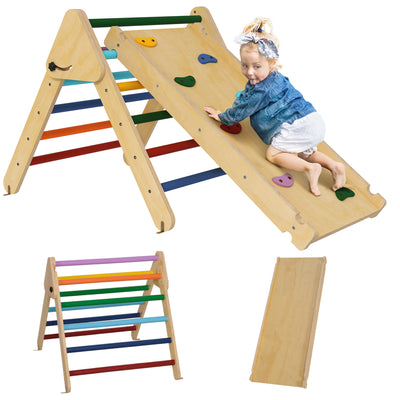 AIYAPLAY Toddler Climbing Frame for Kids, with Ramp, 3-in-1 Wooden Pikler Triangle Set for 18-48 Months, Multicolour 