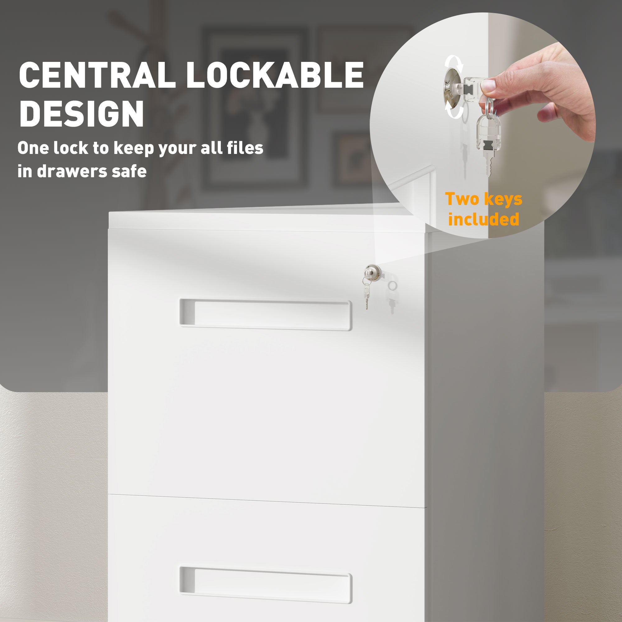 Vinsetto Metal Mobile File Cabinet with Wheels, Lockable 2 Drawer Filing Cabinet for A4, Legal, Letter, Compact Under Desk Storage Unit with Pre-Assembled Body for Home Office, 39 x 48 x 67cm, White 