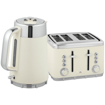HOMCOM Electric Stainless Steel Kettle and Toaster Set, 3000W 1.7L UK Strix Thermostat Fast Boil Kettle w/ Limescale Filter, Cool Touch Body, 4 Slice Toaster with 7 Browning Levels, Crumb Tray, Cream 
