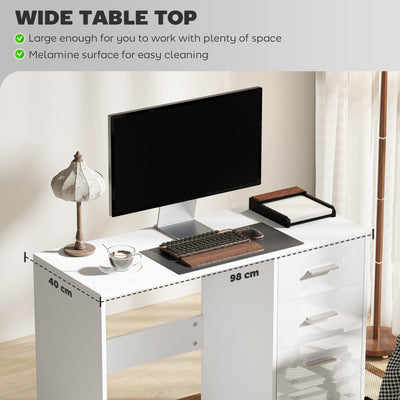 HOMCOM Computer Desk with Drawers, Dressing Table, High Gloss Home Office Writing Workstation, White 