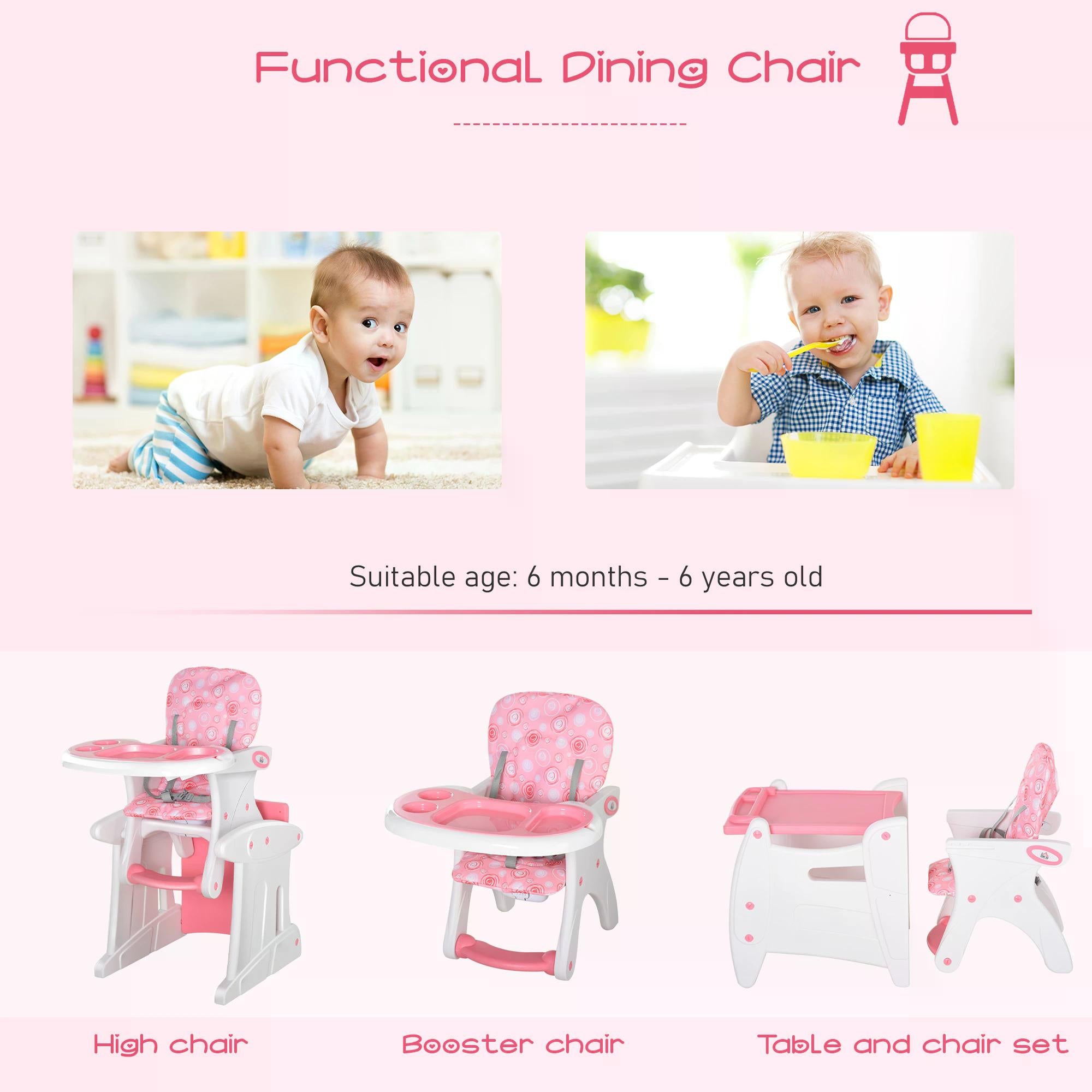 HOMCOM HDPE 3-in-1 Baby Booster High Chair Pink 