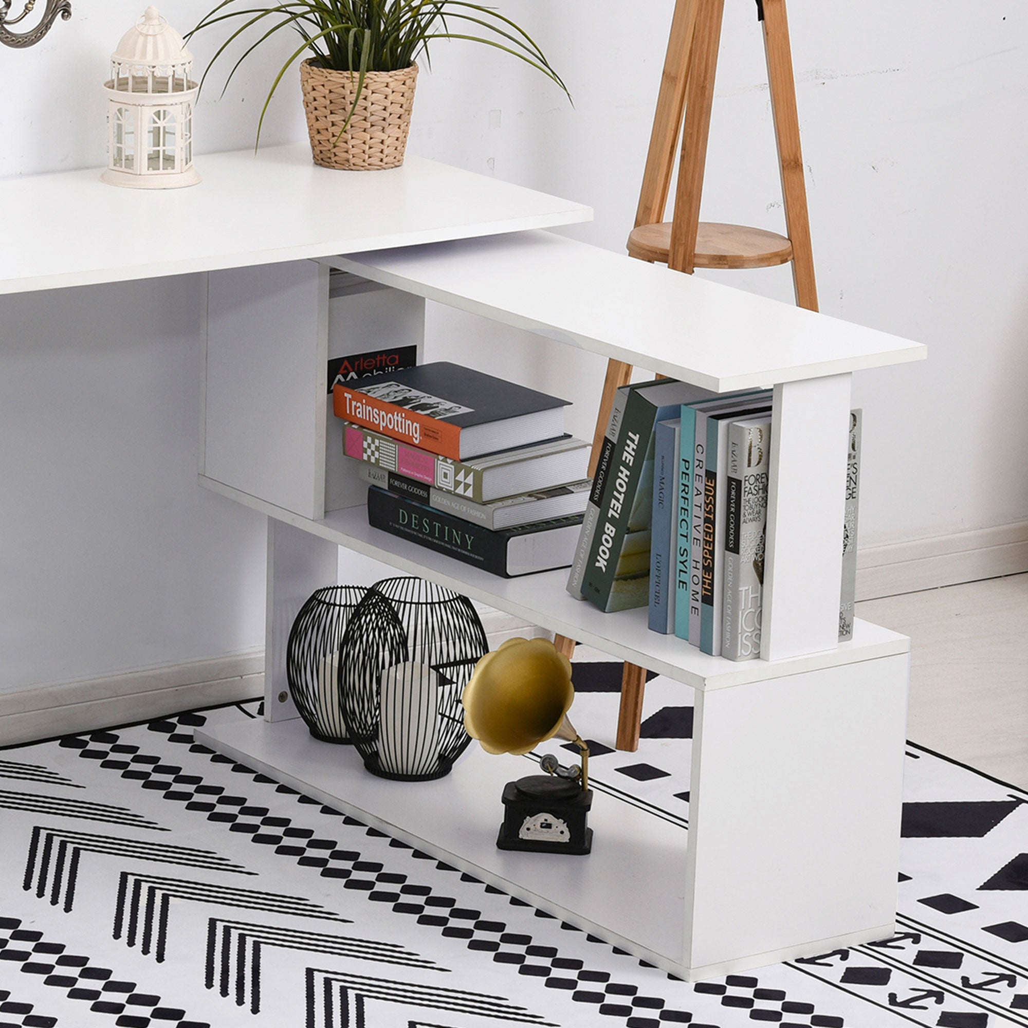 HOMCOM Corner Computer Desk, L Shaped Desk with 360° Rotating Bookshelf, 120L x 110W x 74.5H cm, White 