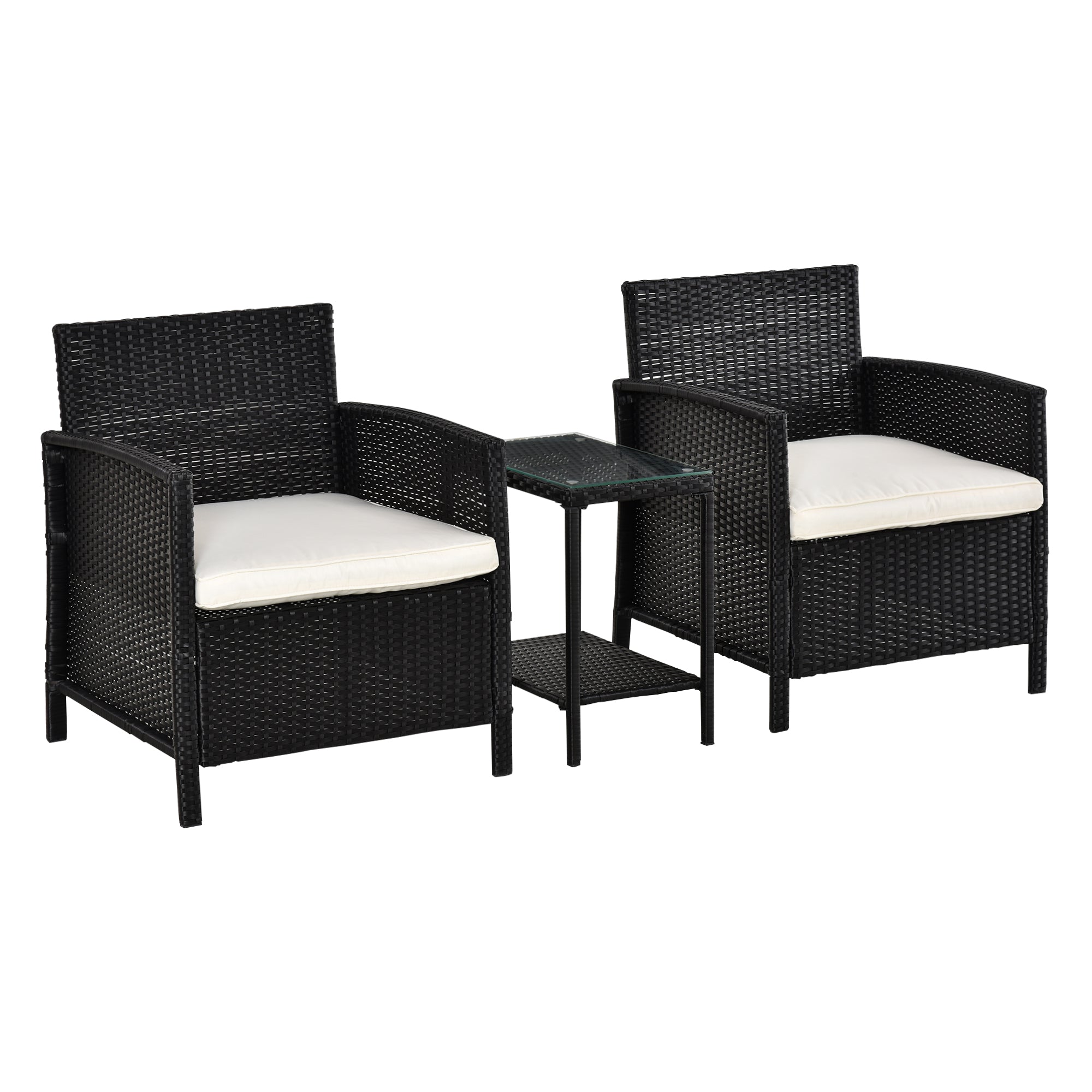 Outsunny 2-Seater PE Rattan Side Table & Armchair Bistro Set Jack and Jill Seat w/ Pillows Black 