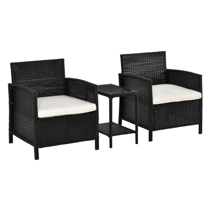 Outsunny 2-Seater PE Rattan Side Table & Armchair Bistro Set Jack and Jill Seat w/ Pillows Black 