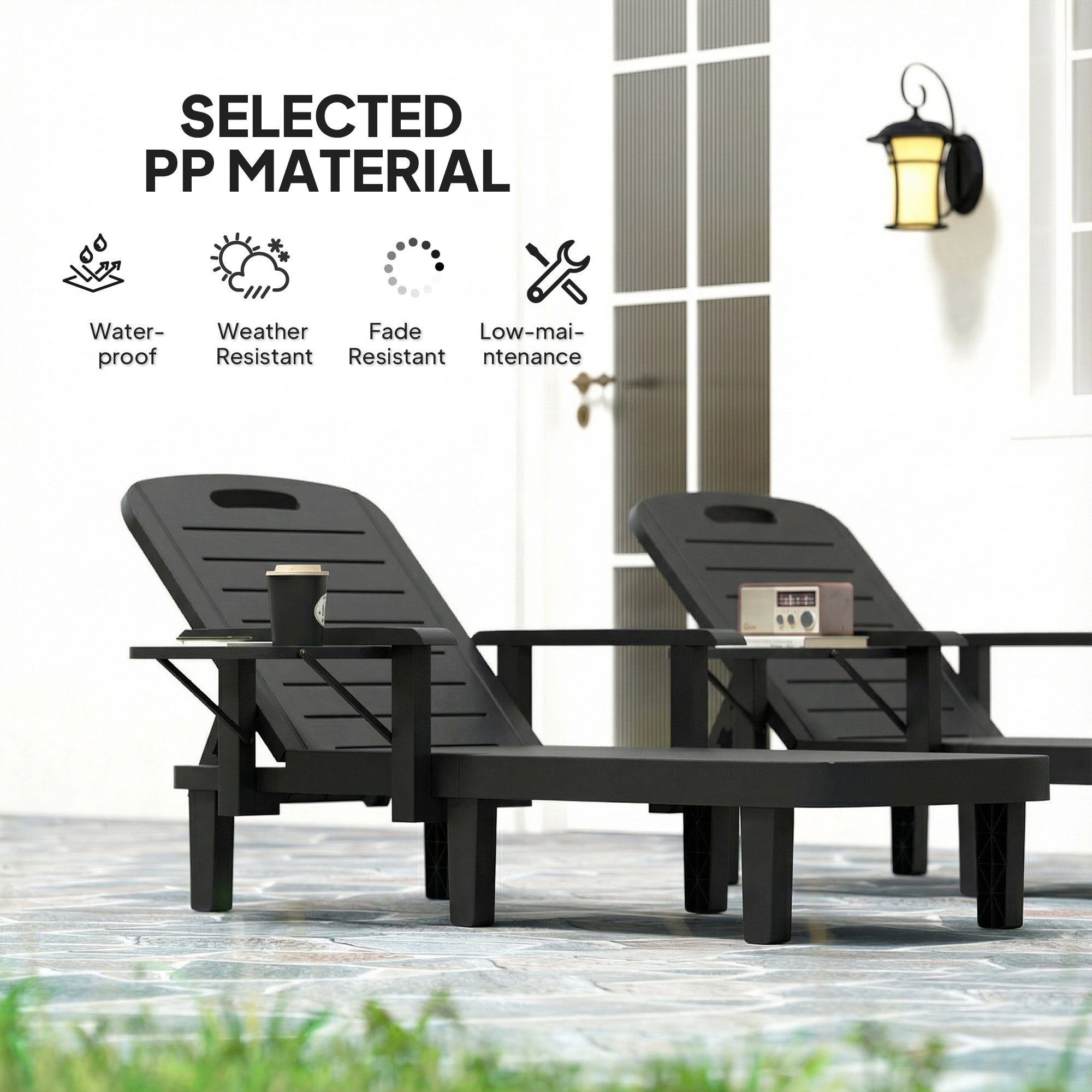 Outsunny Set of 2 Reclining Sun Loungers, 5 Positions Adjustable Outdoor Chaise Lounge Chair with Armrests, Black 