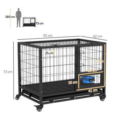 PawHut Heavy Duty Dog Crate on Wheels w/ Bowl Holder, Removable Tray, Openable Top, Detachable Door, for M, L Dogs 