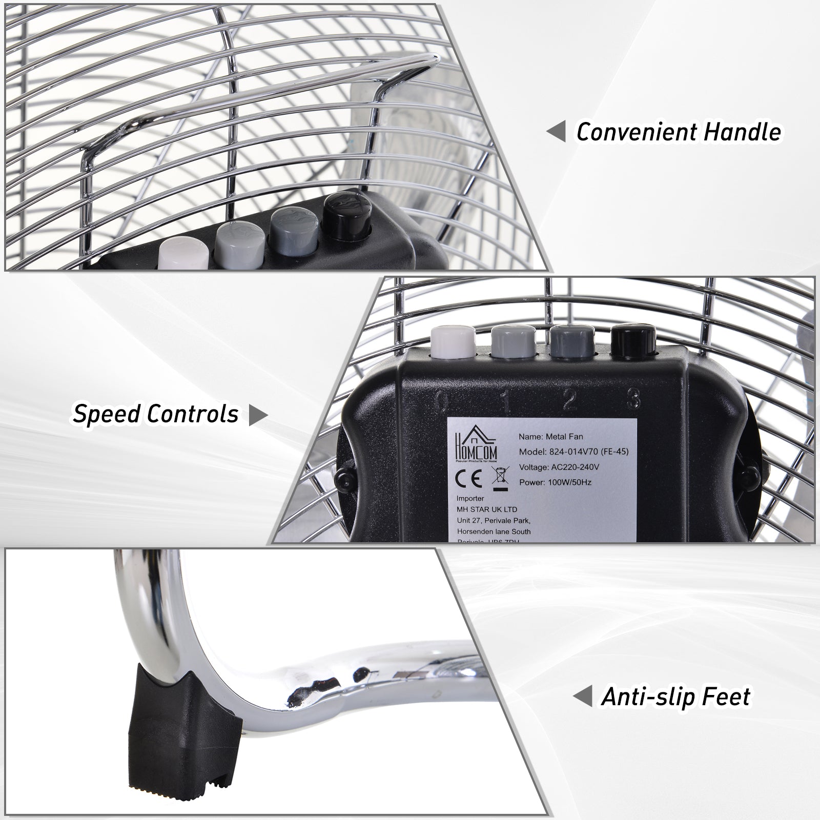 HOMCOM 20" Chrome Metal Floor Fan with Tilting, High Velocity, 3 Speed, Portable Gym Fan for Home Office, Silver 