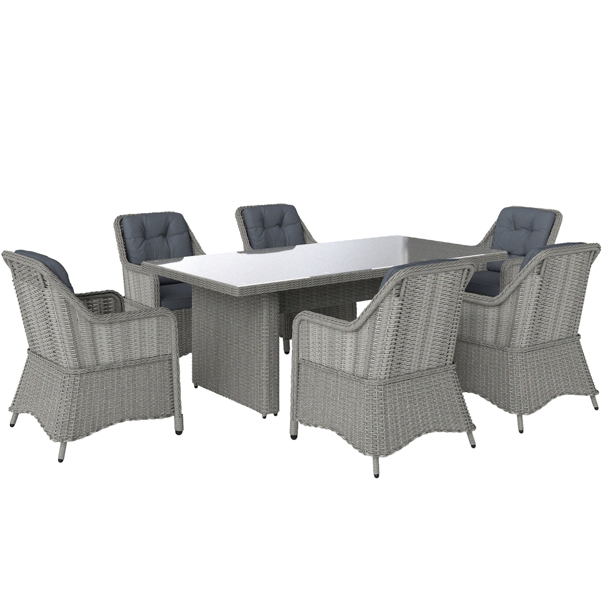 Outsunny 6 Seater Rattan Dining Set, Round PE Rattan Garden Furniture Set with Seat and Back Cushions, Aluminium Outdoor Dining Table and Chairs with 6 Armchairs, Rectangular Glass Top Table, Grey 