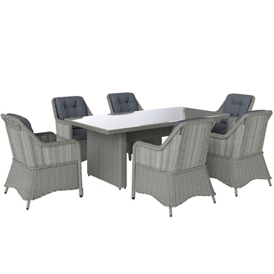 Outsunny 6 Seater Rattan Dining Set, Round PE Rattan Garden Furniture Set with Seat and Back Cushions, Aluminium Outdoor Dining Table and Chairs with 6 Armchairs, Rectangular Glass Top Table, Grey 