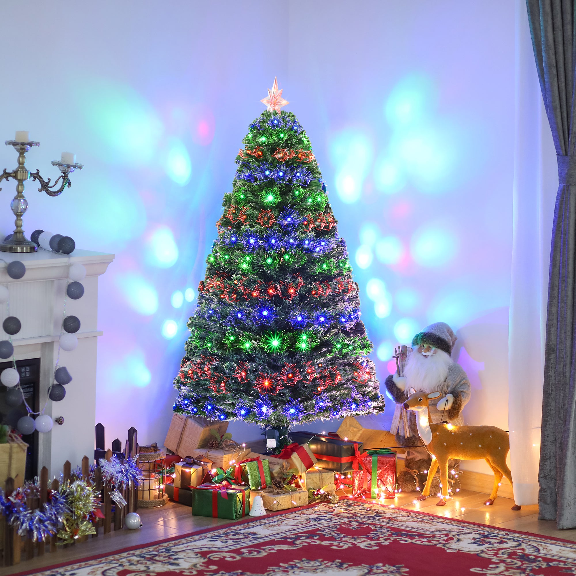 HOMCOM 5 Feet Prelit Artificial Christmas Tree with Multi-Coloured Fiber Optic LED Light, Holiday Home Xmas Decoration, Green 