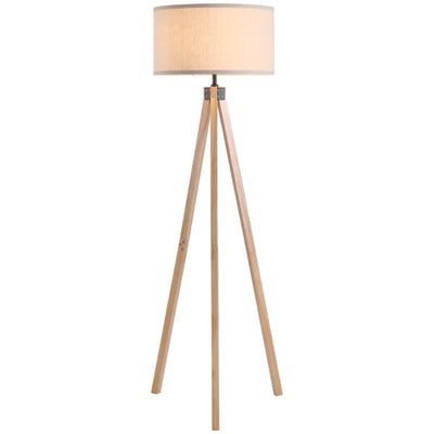HOMCOM Floor Lamp with Elegant Wood Tripod, Free Standing E27 Bulb Lamp Versatile Use For Home Office - Beige 