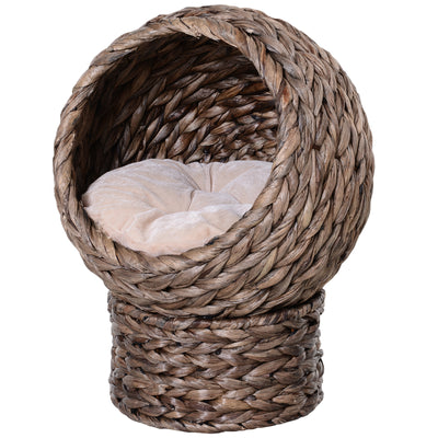 PawHut Wicker Cat Bed, Raised Rattan Cat Basket with Cylindrical Base, Soft Washable Cushion, 42 x 33 x 52cm - Brown 