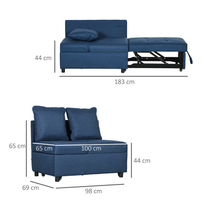 HOMCOM Convertible Single Sofa Bed with Thick Padded Seat, 3-in-1 Multi-Functional Sleeper Chair Bed with Magazine Pocket, for Living Room, Blue 