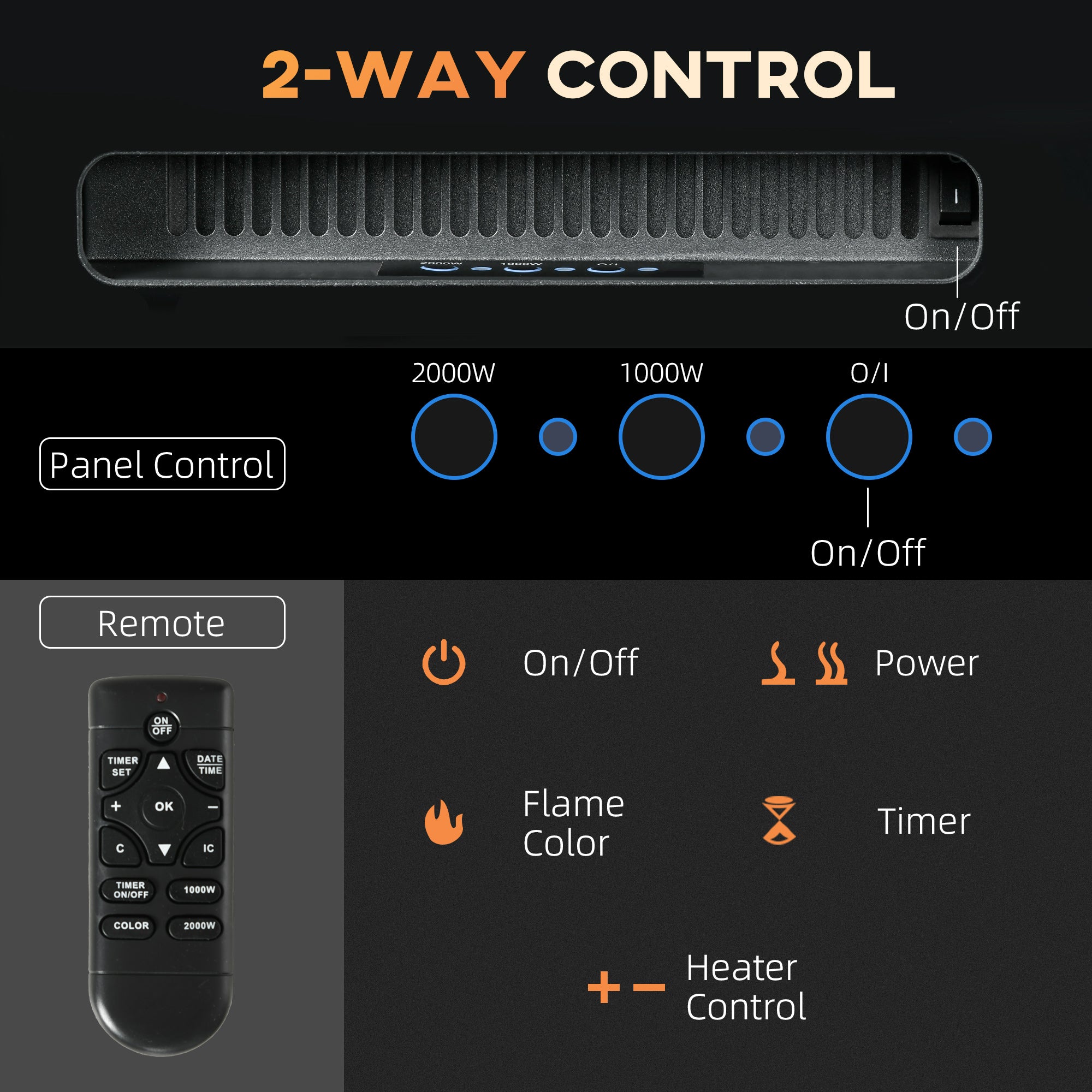 HOMCOM 102cm Electric Fireplace, 2000W Recessed and Wall Mounted Electric Fire with Remote Control, 9 Flame Colour and Crystal, Black 