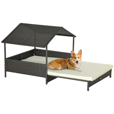 PawHut Extendable Elevated Dog Bed, Rattan Dog House, with Water-Resistant Roof, Removable Cushion, Cream 