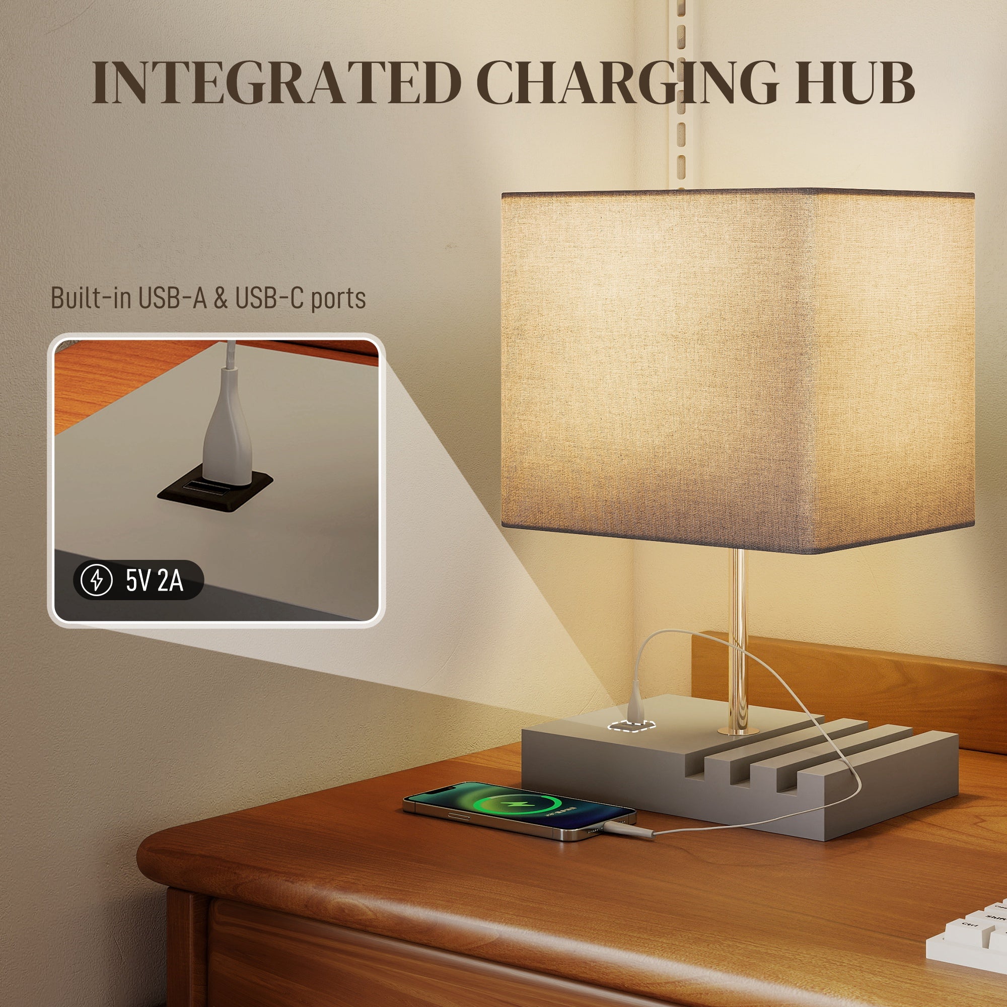 HOMCOM Bedside Lamp with USB A+C Charging Ports and 3 Phone Stands, Modern Table Lamp with Solid Wood Base and Fabric Shade for Bedroom Living Room Office, E27 Socket, Bulb Not Included, Grey 