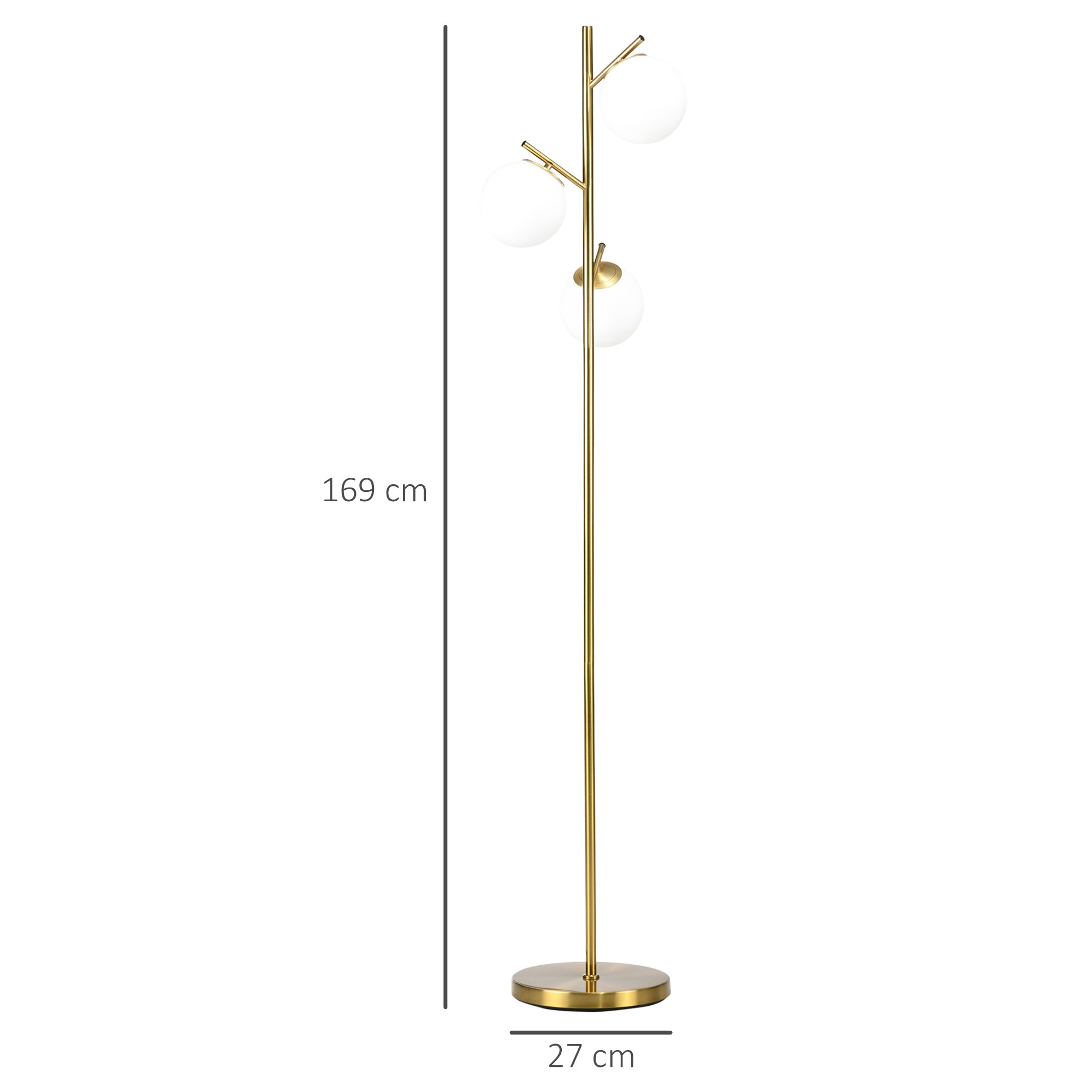 HOMCOM 3-Light Tree Floor Lamps for Living Room, Modern Standing Lamp for Bedroom with Globe Lampshade, Steel Base, Bulb not Included, Gold Tone 