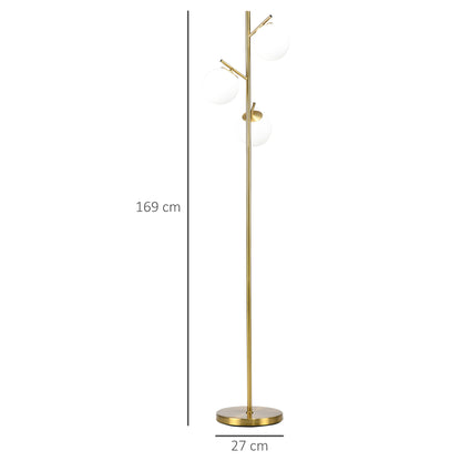 HOMCOM 3-Light Tree Floor Lamps for Living Room, Modern Standing Lamp for Bedroom with Globe Lampshade, Steel Base, Bulb not Included, Gold Tone 