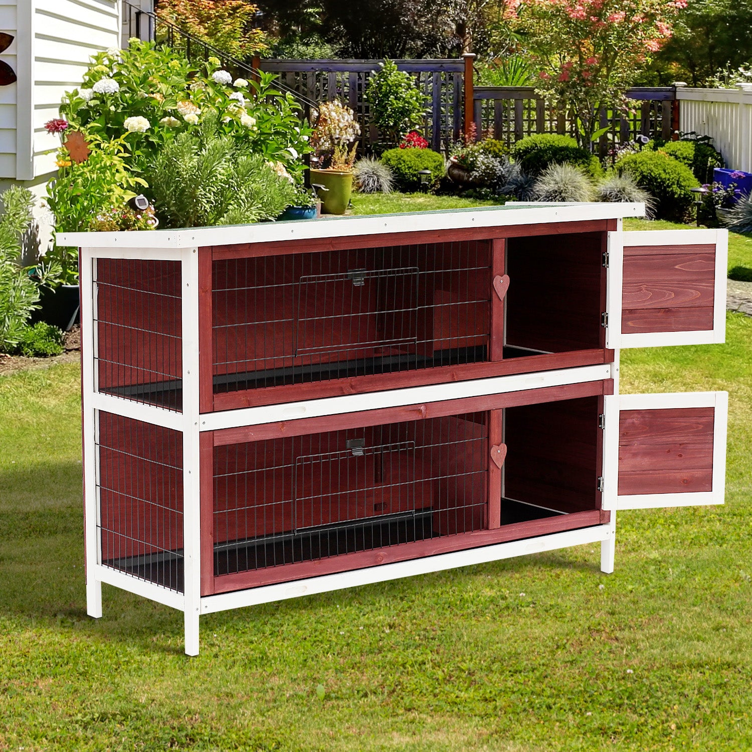 PawHut Rabbit Hutch Outdoor 2-Tier Guinea Pig Cage Bunny House Cage with No-Leak Trays for Indoor and Outdoor 136 x 50 x 93cm 
