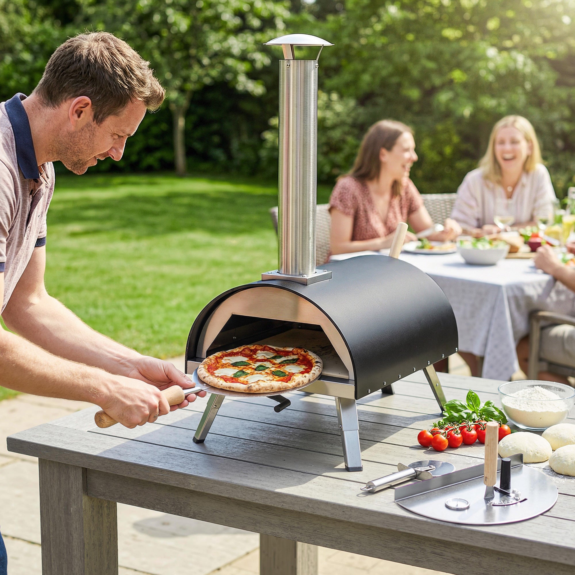Outsunny Outdoor Pizza Oven Foldable Legs Pellet Wood Fired Pizza Maker w/ 12" Rotating Stone and Peel 