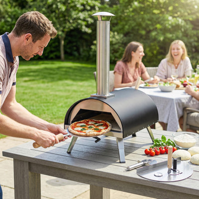 Outsunny Outdoor Pizza Oven Foldable Legs Pellet Wood Fired Pizza Maker w/ 12" Rotating Stone and Peel 