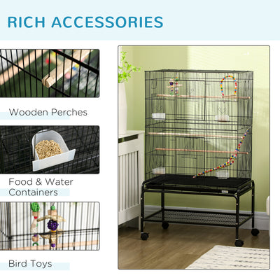 PawHut Large Bird Cage Budgie Cage with Stand, Toys, Wheels, Accessories, Storage Shelf for Canaries, Finches, Lovebirds, Parakeets - Black, 79 x 49 x 133 cm 