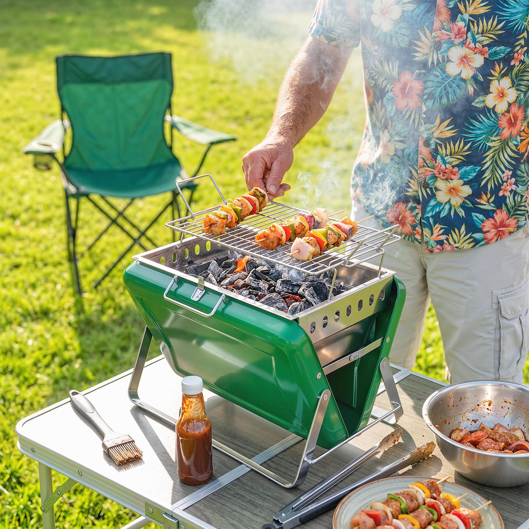 Outsunny Charcoal BBQ Grill Portable Stainless Steel Barbecue with Tilting Grate for Camping Picnic Garden Dark Green 
