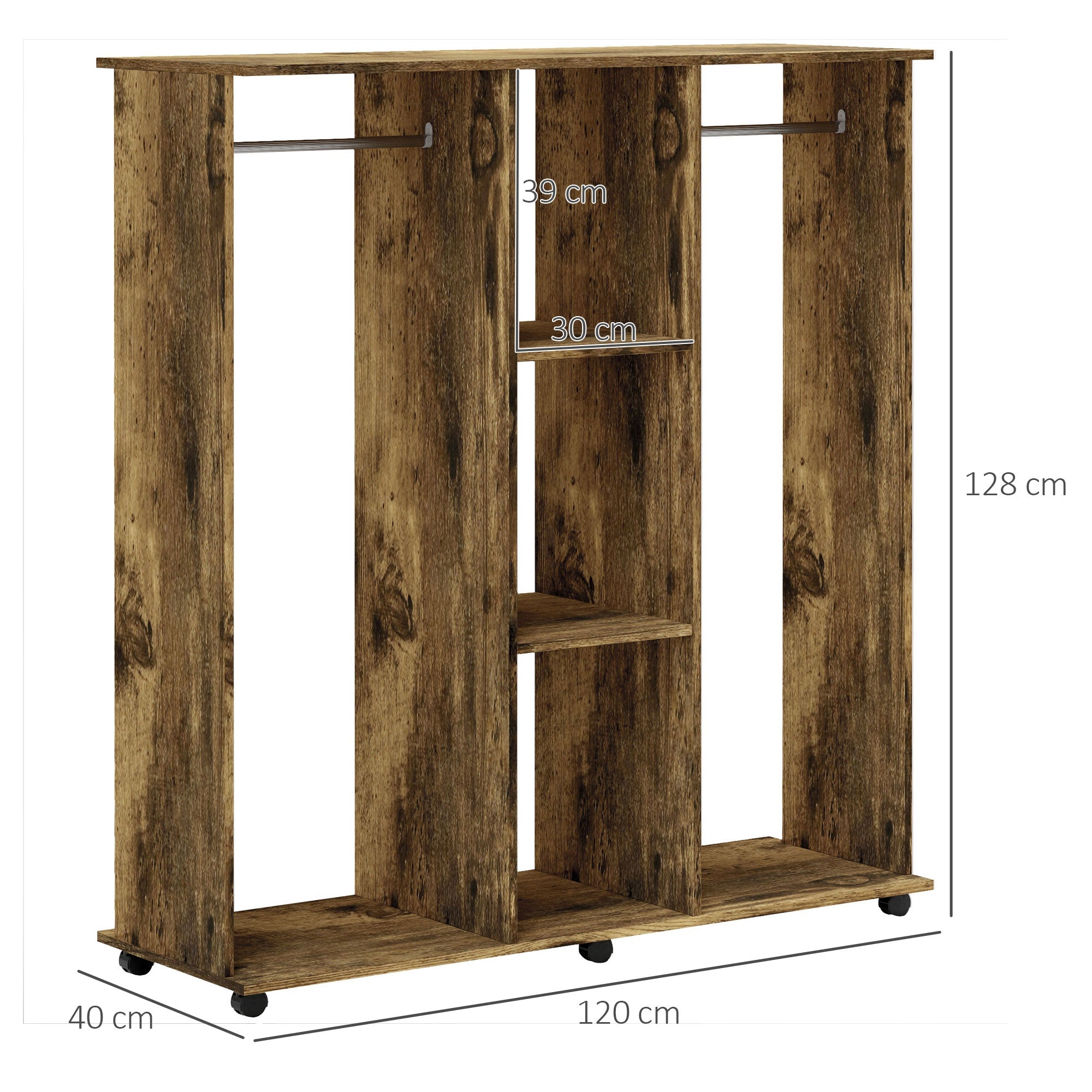 HOMCOM Open Wardrobe Double Mobile Storage Shelves Organizer W/6 Wheels-Rustic Brown 