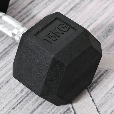 HOMCOM 2x15kg Rubber Hex Dumbbell Portable Hand Weights Dumbbell Home Gym Workout Fitness Hand Dumbbell 