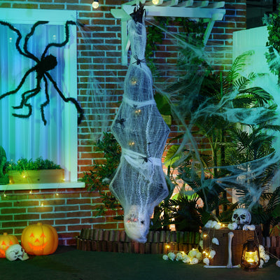 HOMCOM 4.7ft Life Size Outdoor Halloween Decoration Hanging Mummy with Spider Web, Animated Prop Decor with Sound and Motion Activated, Light Up Eyes, Howling Sound, Posable Arms, Moving Body 