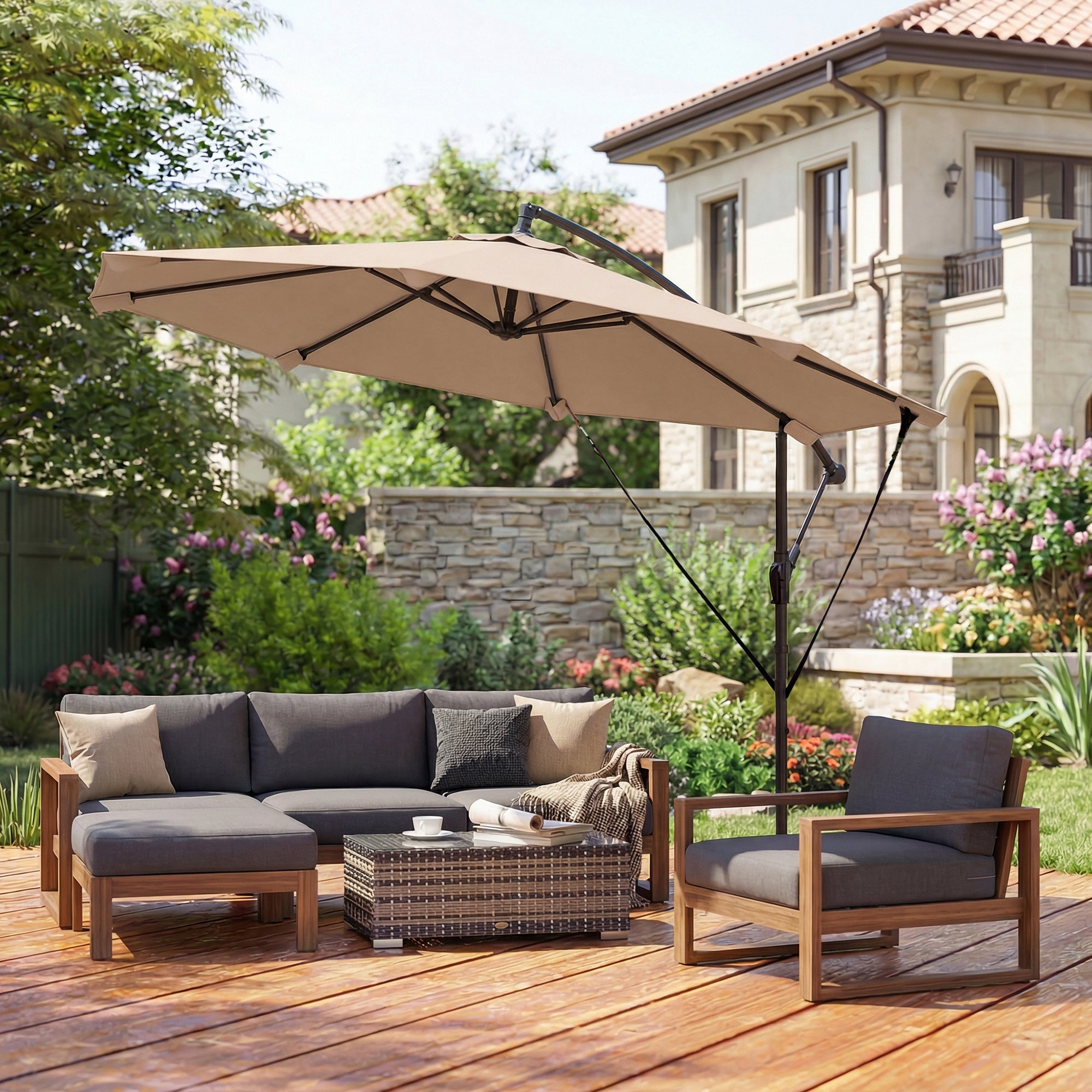 Outsunny 3 m Cantilever Parasol with Protective Cover and Wind Ropes, Banana Parasol with Crank Handle, Khaki 