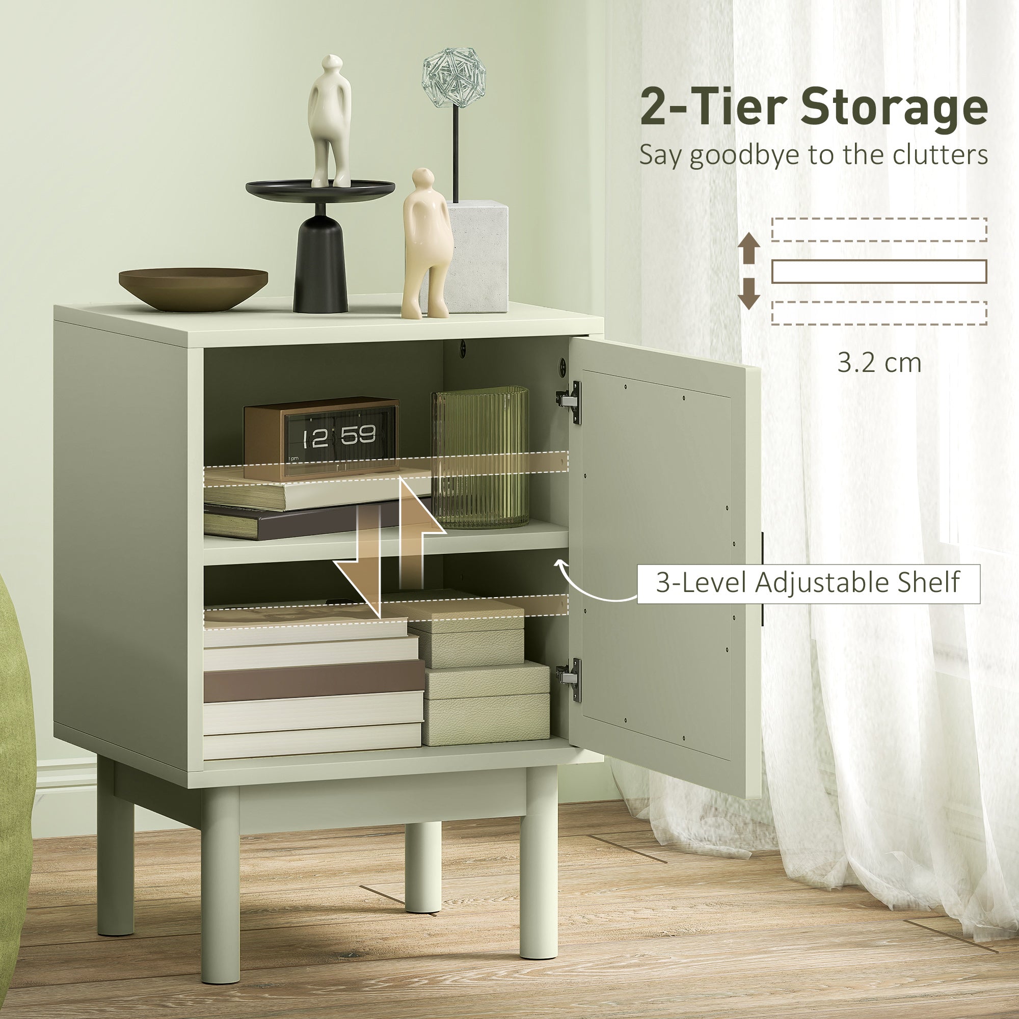 HOMCOM Set of 2 Rattan Bedside Tables, Boho Nightstands with Solid Wood Legs and Storage Cabinet for Living Room, Bedroom, Accent End Side Table, Light Green 