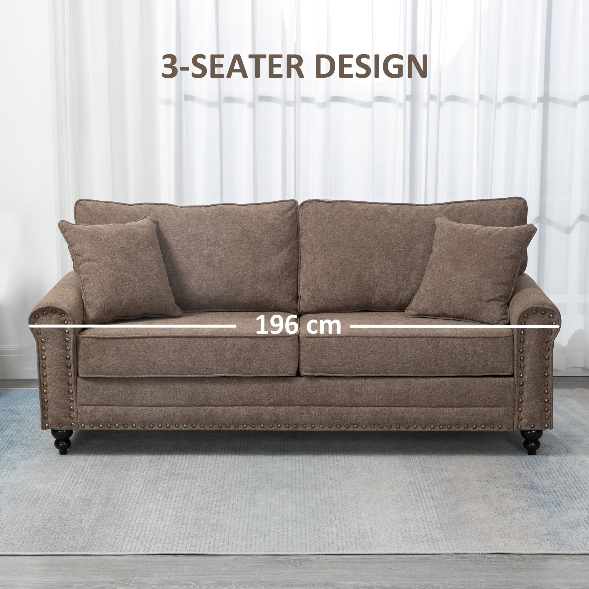 HOMCOM 3 Seater Sofas for Living Room, Fabric Sofa with Nailhead Trim, Cushions and Pillows, Brown