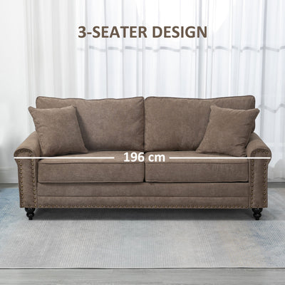 HOMCOM 3 Seater Sofas for Living Room, Fabric Sofa with Nailhead Trim, Cushions and Pillows, Brown 