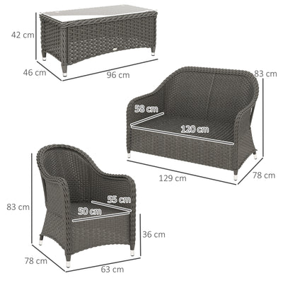 Outsunny Four-Piece Rattan Sofa Set, with Glass-Top Table - Light Grey 