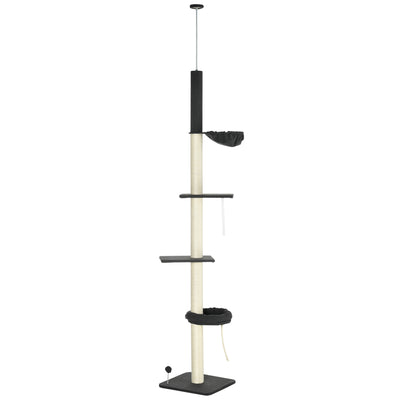 PawHut 240-270cm Floor-To-Ceiling Cat Tree, 5 Tier Cat Climbing Tower, with Bed, Hammock, Platforms, Black and Cream 