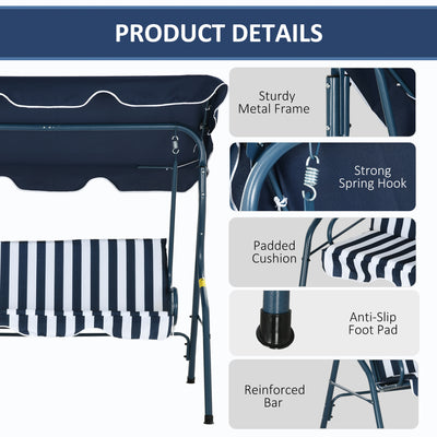 Outsunny 3 Seater Garden Swing Seat Chair Outdoor Bench with Adjustable Canopy and Metal Frame, Blue Stripes 