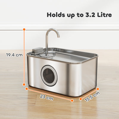 PawHut 3.2L Cat Water Fountain for Drinking, Cat Fountain Stainless Steel with Visible Water-Level Window, Ultra-Silent Pump 