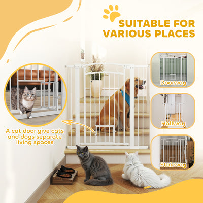 PawHut 106cm Tall Dog Gate with Cat Door, 7cm and 14cm Extensions, for Stairs, Doorways, 76-104cm Width 