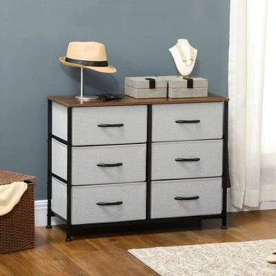 HOMCOM Fabric Chest of Drawers, Industrial Storage Bedroom Dresser with 6 Fabric Drawers, Steel Frame and Wooden Top for Nursery, Living Room, Hallway, Grey 