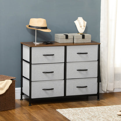 HOMCOM Fabric Chest of Drawers, Industrial Storage Bedroom Dresser with 6 Fabric Drawers, Steel Frame and Wooden Top for Nursery, Living Room, Hallway, Grey